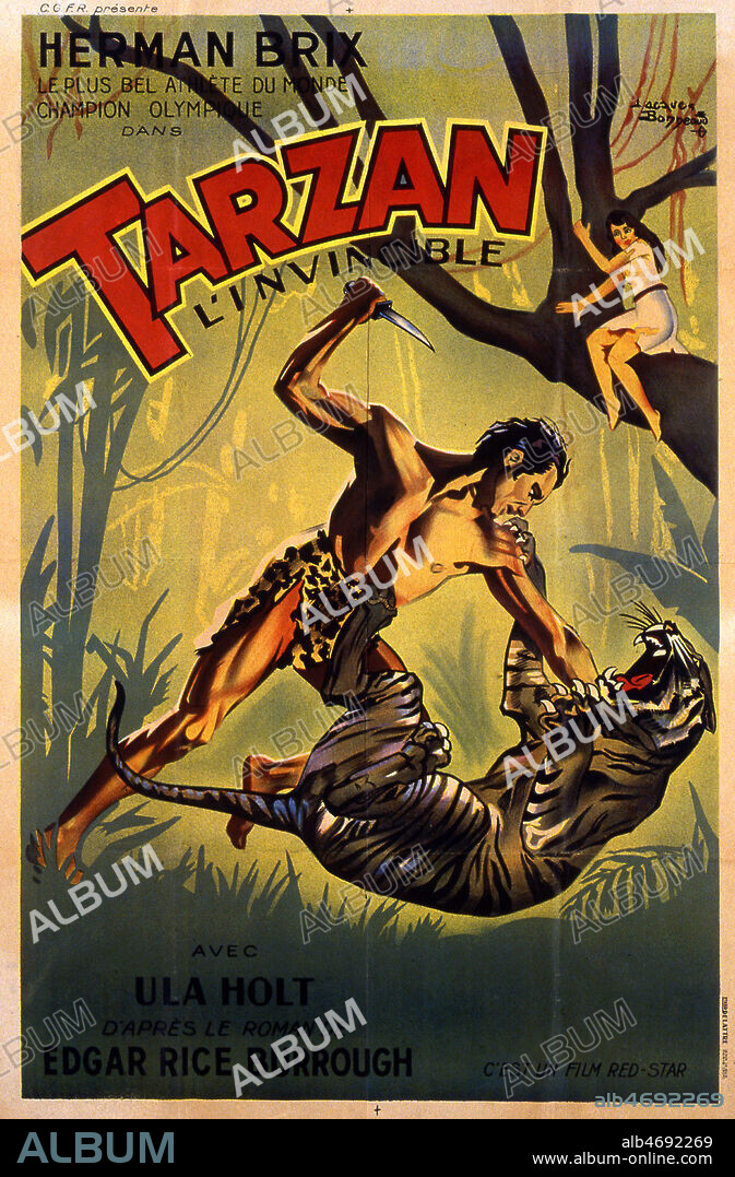 Herman BRIX dans Tarzan l'invincible avec Maureen O'SULLIVAN (1911-1998). Illustration de Jacques BONNEAUD (1898-1971=ADAGP) pour l'affiche du film realise en 1935 par Edward KULL avec Ula HOLT d'apres Edgar Ryce BURROUGHS (1875-1950) . Annees 30. Credit : Coll. Perron/KHARBINE-TAPABOR.