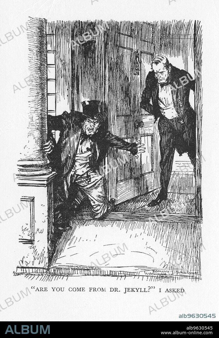 EDMUND JOSEPH SULLIVAN. Scene from The Strange Case of Dr Jekyll and Mr Hyde by Robert Louis Stevenson, 1927.  Are you come from Dr Jekyll? I asked.  Dr Lanyon opens his door at midnight to a small man in clothes too big for him -  Mr Hyde.  Jekyll had succeeded in separating out the duality in his nature, Hyde representing pure evil and Jekyll good, but eventually the antidote to the Hyde persona ceases to be effective. From The Strange Case of Dr Jekyll and Mr Hyde by Robert Louis Stevenson. (London, 1927). First published 1886.