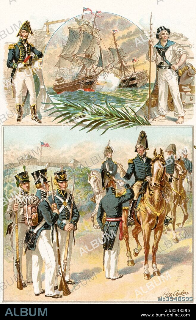 United States Army and Navy uniforms during the War of 1812. From The History of Our Country, published 1905.