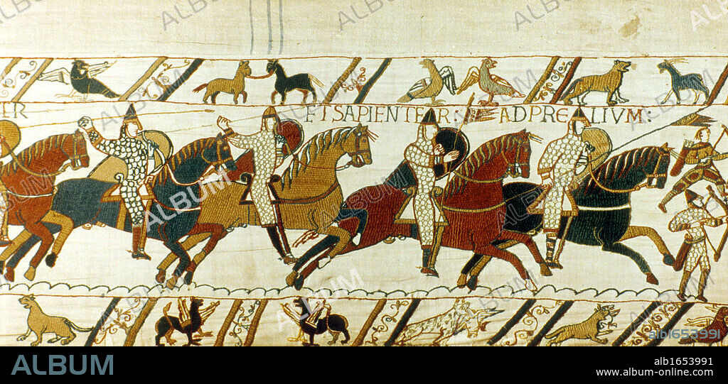 Bayeux Tapestry 1067. Battle of Hastings, 14 October 1066. Norman cavalry charging. William I, the Conqueror, defeated Harold II, last Anglo-Saxon king of England. Warfare Armour Shield Spear Horse Archer Textile Linen.