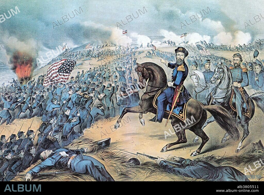 Lithograph entitled: "The storming of Fort Donelson, Tennessee, February 15, 1862." Fort Donelson was a fortress built by the Confederacy during the American Civil War to control the Cumberland River leading to the heart of Tennessee, and the heart of the Confederacy. The Battle of Fort Donelson was fought from February 11 to February 16, 1862, in the Western Theater of the American Civil War. The capture of the fort by Union forces opened the Cumberland River as an avenue for the invasion of the South. The success elevated Brigadier General Ulysses S. Grant from an obscure and largely unproven leader to the rank of Major General. Ulysses S. Grant (April 27, 1822 - July 23, 1885) was commander of the Union Army and the 18th President of the United States.