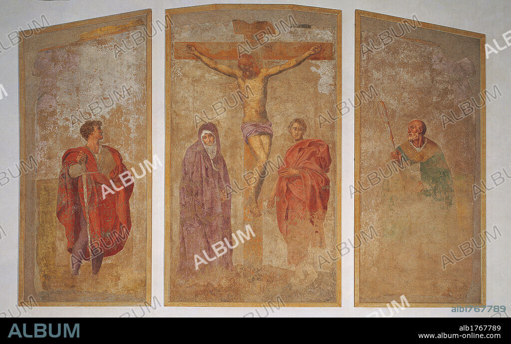 Boldrone Tabernacle, by Jacopo Carrucci know as Pontormo, 1526, 16th Century, fresco, cm 175 x 307. Italy, Tuscany, Florence, Academy of Drawing. All. Crucifixion Tabernacle Boldrone sword Green Cross red cloak Jesus Christ Madonna St John. Authorization required for non editorial use.