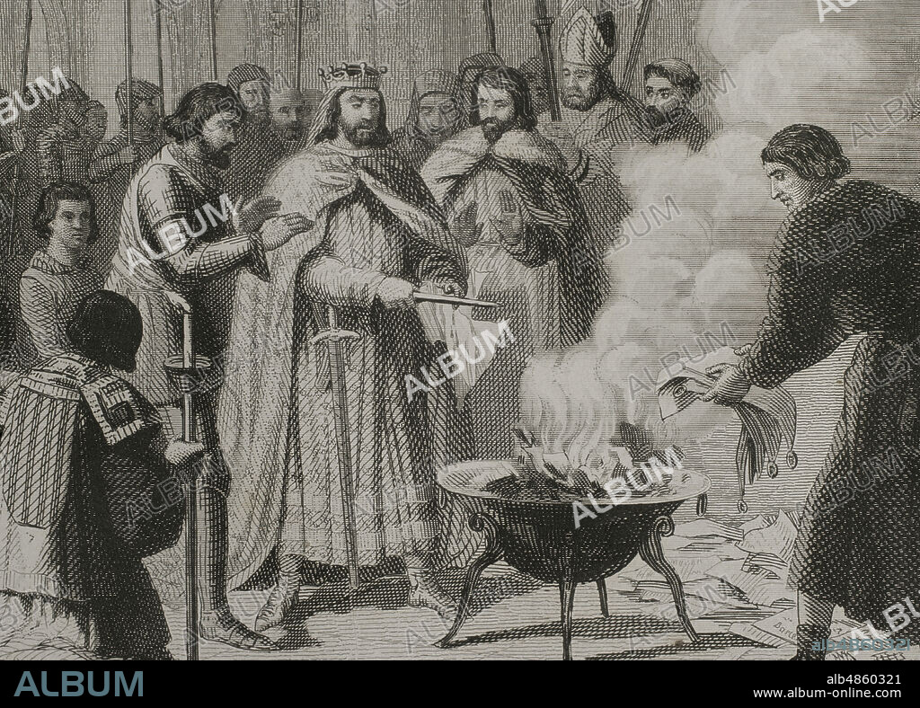Cortes en Zaragoza y Guerra de los Privilegios de la Unión Aragonesa. La unión de nobles de Aragón no aceptó a Constanza, la hija de Pedro IV, como heredera. Los nobles se levantaron en armas contra el rey. En 1348 en la Batalla de Epila las tropas reales derrotaron al ejército de la Unión. El rey aprovechó para derogar definitivamente los Privilegios de la Unión, volviendo a los antiguos Fueros de Sobrarbe, con mucha más autoridad real. En septiembre de 1348 se celebraron las cortes en Zaragoza, donde se quemaron públicamente los priviligios concedidos en 1287 por Alfonso III a la unión de nobles. "Pedro IV el Cermonioso rasgando con su puñal los privilegios de la Unión". Ilustración por Urrabieta. Grabado por Roca. Historia de Cataluña y de la Corona de Aragón, por Victor de Balaguer. Barcelona,1862.