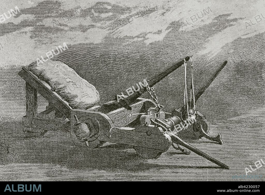 Arma de asedio llamada onagro. Grabado. "Museo Militar del Ejército Español". Tomo I. Evaristo Ullastres Editor. Barcelona, 1883. Biblioteca Histórico Militar de Barcelona, Cataluña, España.