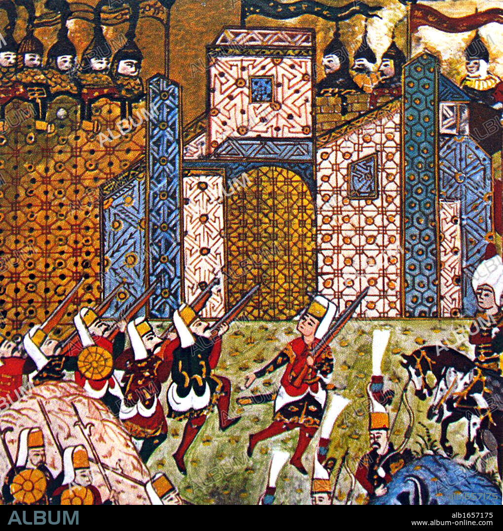 Siege of Rhodes, 26 June-22 December 1522: Knights of St John, Knights Hospitaller, under attack by Ottoman Janissaries armed with guns. The last knights left on 1 January 1523 going first to Crete and then to Malta.