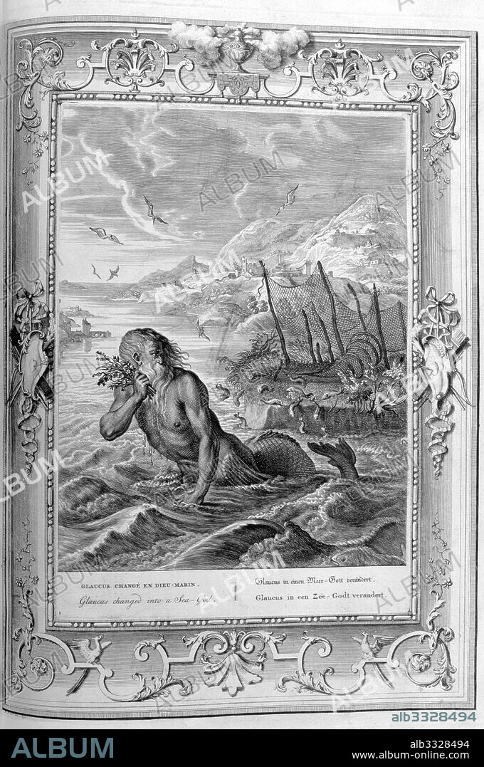 Glaucus transforms from man to sea god. Engraving depicting Jason and the Argonuats. Engraved illustration from 'The Temple of the Muses', 1733. This book represented remarkable events of antiquity drawn and engraved by Bernard Picart (1673-1733). Glaucus was a Greek prophetic sea-god, born mortal and turned immortal upon eating a magical herb.