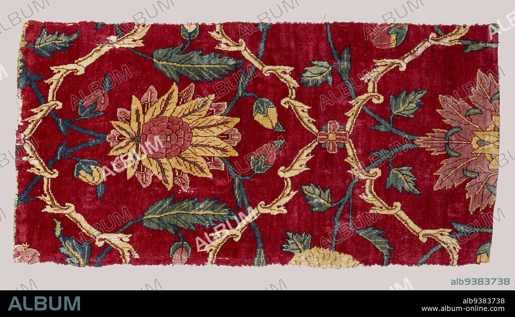 Fragment of a Mughal Court Carpet with Design of Lattice and Blossom Pattern, Indian, Mughal period, 15261858, reign of Shah Jahan, 16271657, probably mid-17th century, Cashmere wool and silk, Lahore, Punjab province, Pakistan, Asia, Coverings & hangings, textiles, 22 15/16 x 11 in. (58.3 x 27.9 cm).
