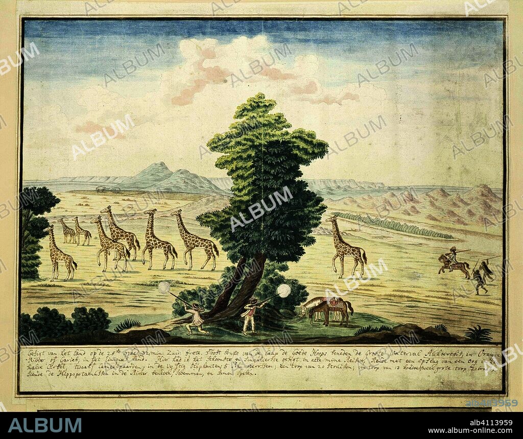 Giraffe-hunt near the Orange River in the vicinity of the Augrabies Falls  on the Orange River. Draughtsman: Robert Jacob Gordon. Dating: Aug-1778 -  Jan-1779. Place: Kaappr - Album alb4113959