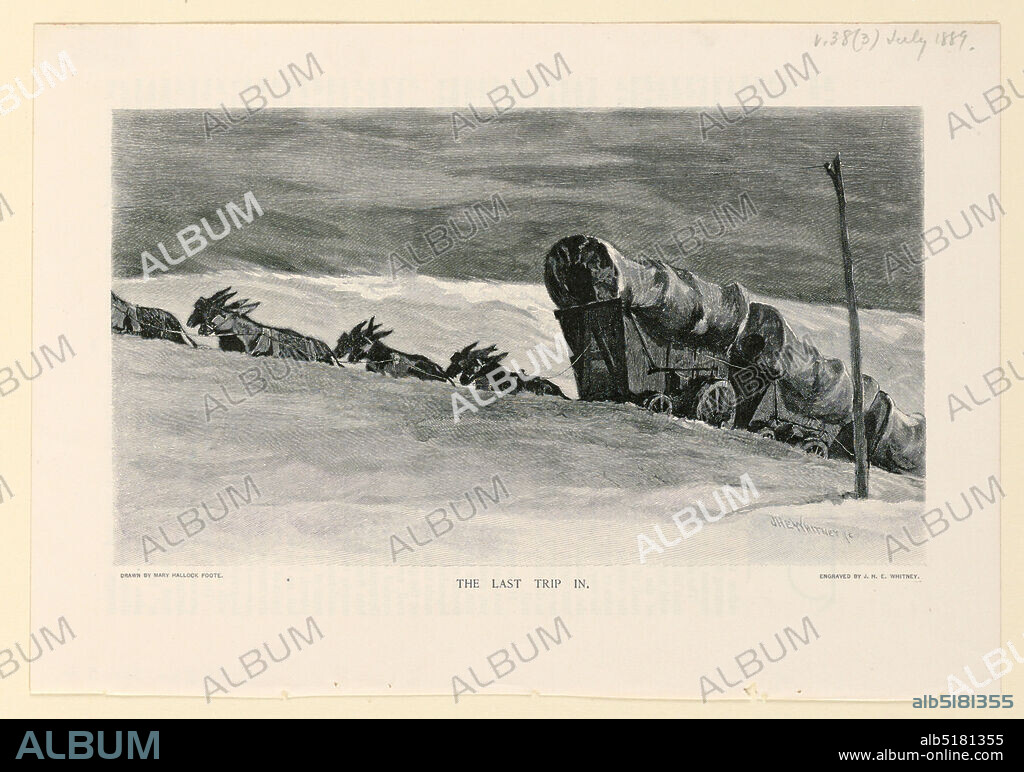 The Last Trip In, Illustration for The Century Magazine (XXXVIII, No. 3, July 1889, p, 342), Mary A. Hallock Foote, American, 18471938, John Henry Ellsworth Whitney, American, 18401891, Wood-engraving in black ink on paper, Covered wagons drawn by donkeys moving toward the left., USA, 1889, graphic design, Print, Print.