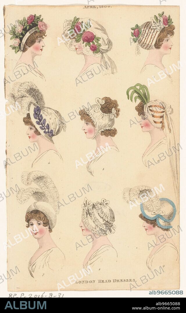 Magazine of Female Fashions of London and Paris, April 1800, London Head Dresses, 1800. Nine bonnets and caps.