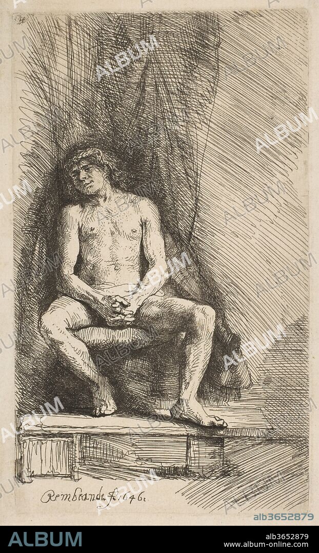 Nude Man Seated before a Curtain. Artist: Rembrandt (Rembrandt van Rijn) (Dutch, Leiden 1606-1669 Amsterdam). Dimensions: plate: 6 7/16 x 3 3/4 in. (16.3 x 9.6 cm)
sheet: 6 15/16 x 4 1/4 in. (17.6 x 10.8 cm). Date: 1646.