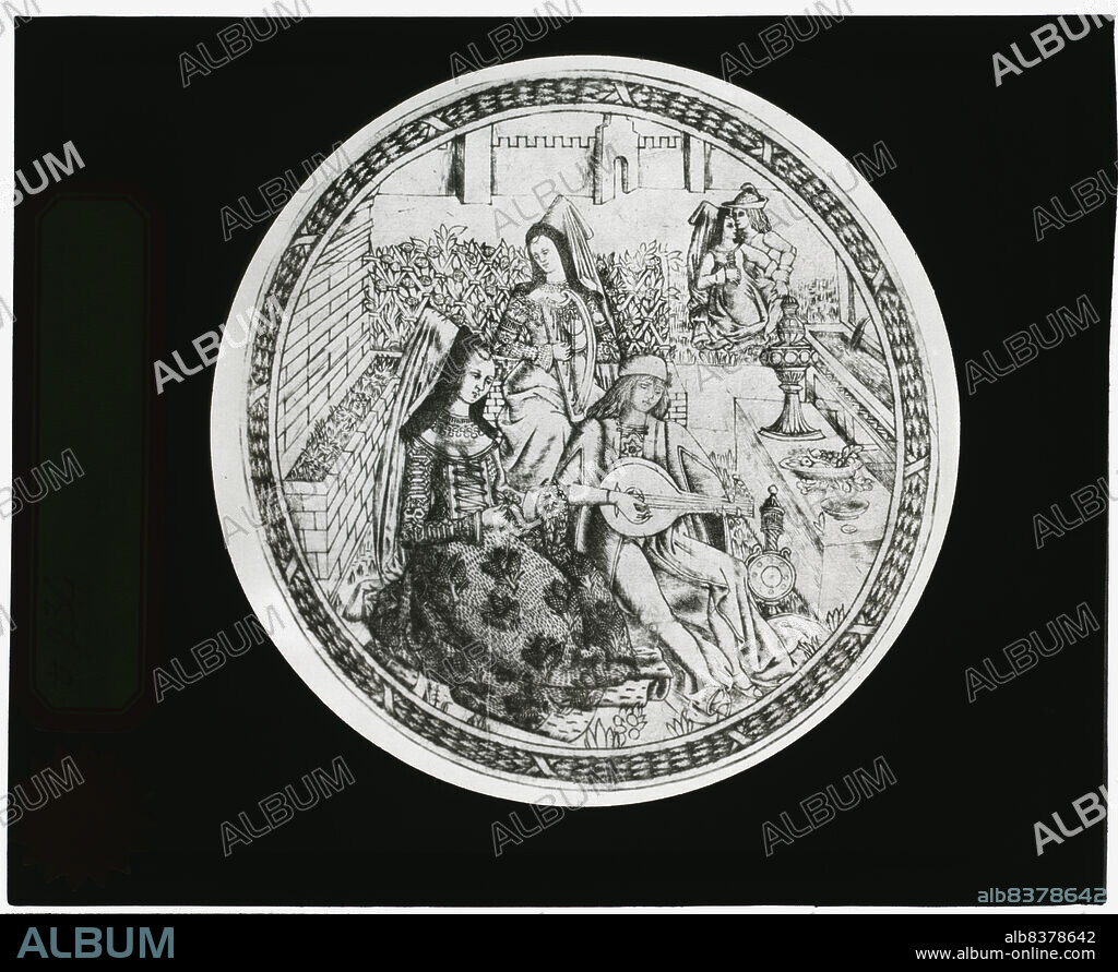 FRANCES BENJAMIN JOHNSTON. Reproduction of print showing Garden courtship, between 1915 and 1925. Photographo of a tondo, possibly from Guillaume de Lorris and Jean de Meun, "Roman de la Rose".