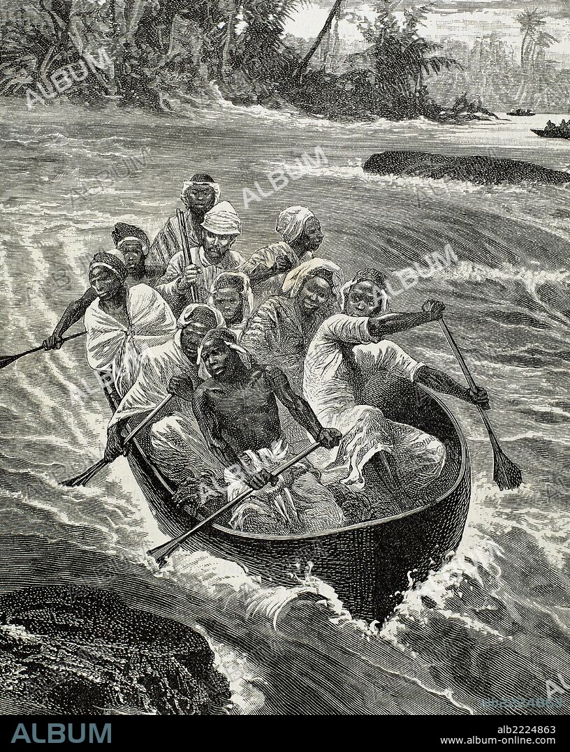 Expedición de Henry Morton Stanley (1841-1904), periodista y explorador británico. Stanley pasa los Rápidos del Rio Congo. El Mundo Ilustrado, 1880. Grabado por Barbant.