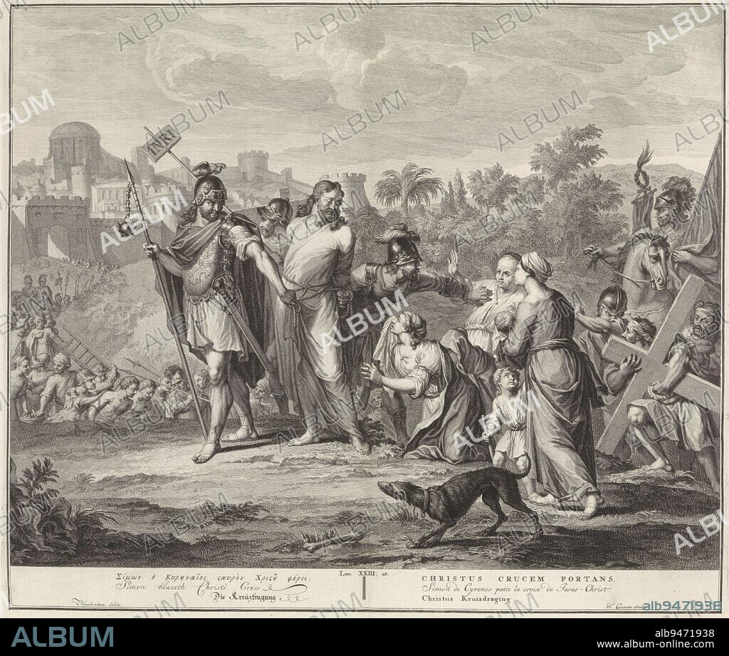 Carrying the Cross, Gilliam van der Gouwen, after A. Houbraken, 1728, Women and children kneel before Christ who is being led away by three soldiers. On the right, Simon of Cyrene carries the cross of Christ. In the background Jerusalem (Luke 23:26). The print has a Hebrew, Latin, French, English, German and Dutch caption., print maker: Gilliam van der Gouwen, (mentioned on object), intermediary draughtsman: A. Houbraken, (mentioned on object), publisher: Pieter de Hondt, print maker: Amsterdam, publisher: The Hague, 1728, paper, etching, engraving, w 414 mm × h 357 mm.