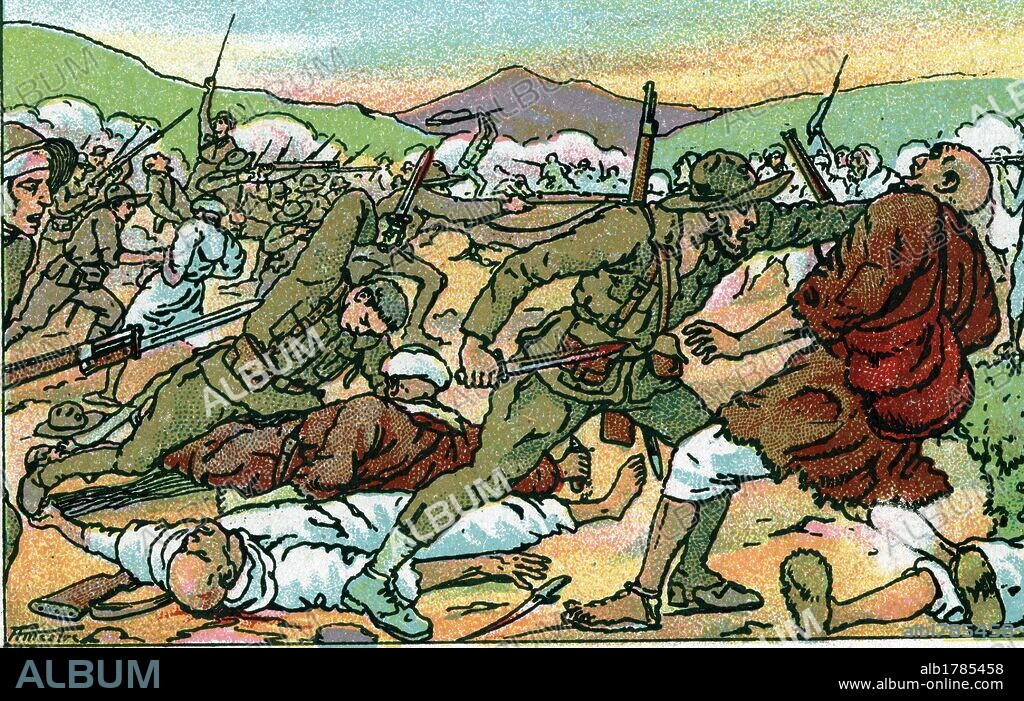 Guerra de Marruecos (1911-1927). Ataque a la bayoneta por los legionarios en la toma de Casabona. Dibujo de A. Mestres.