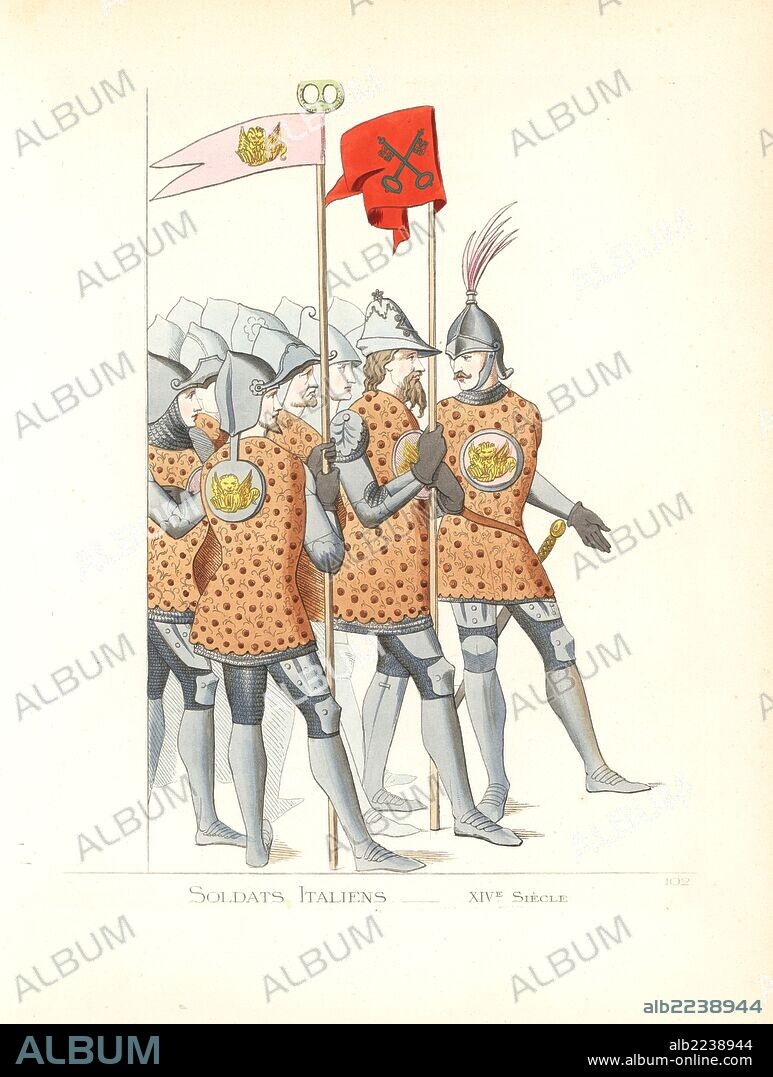 Uniforms of Italian soldiers, 14th century. The wear tunics in Siena brown with coats of arms of Saint Mark (gold lion on red field), over suits of armour. The soldier with the banner of the church (two keys on a red field) wears a white helmet decorated with silver. From a fresco by Spinello Aretino in the Palazzo Pubblico, Siena, depicting Pope Alexander III presenting the Doge of Venice with a sword to fight Frederick Barbarossa. Handcoloured illustration drawn and lithographed by Paul Mercuri with text by Camille Bonnard from "Historical Costumes from the 12th to 15th Centuries," Levy Fils, Paris, 1861.