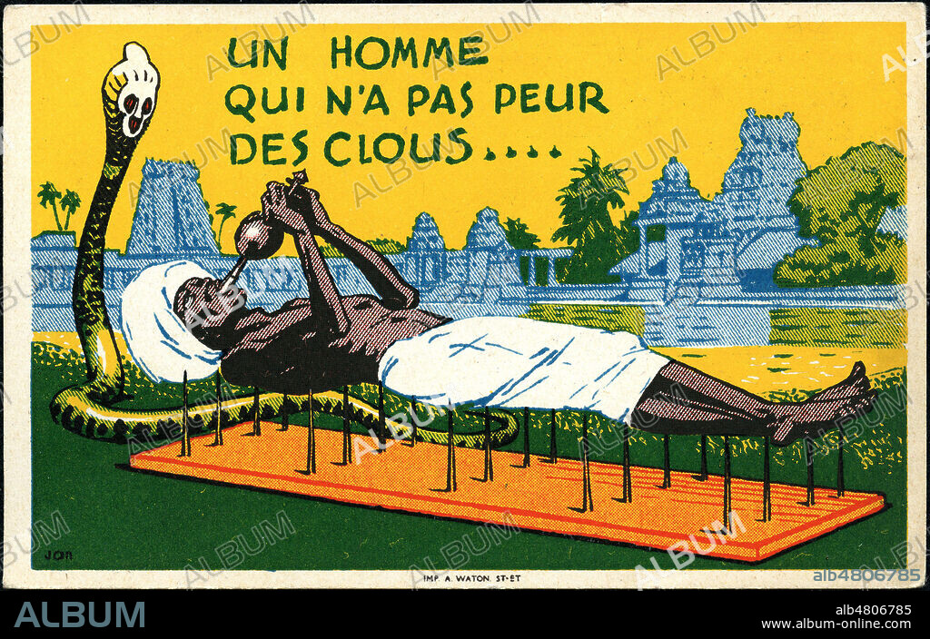 Un homme qui n'a pas peur des clous... (avec l'onguent Schutte) Illustration de JAN (20 s.) pour une carte postale publicitaire vers 1930. Credit : Collection IM/Kharbine-Tapabor.