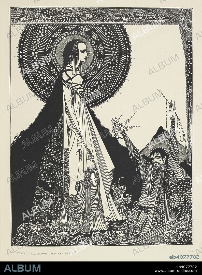 "I would call aloud upon her name.". Illustration of Ligeia, a short story. "Ligeia" is a short story by Edgar Allan Poe. The story follows an unnamed narrator and his wife Ligeia, a beautiful and intelligent raven-haired woman. She falls ill, composes "The Conqueror Worm", and quotes lines attributed to Joseph Glanvill (which suggest that life is sustainable only through willpower) shortly before dying. After her death, the narrator marries the Lady Rowena. Rowena becomes ill and she dies as well. The distraught narrator stays with her body overnight and watches as Rowena slowly comes back from the dead â€“ though she has transformed into Ligeia. . Tales of Mystery and Imagination ... Illustrated by Harry Clarke. London : G. G. Harrap ; New York : Brentano's, [1923]. Source: 12703.i.44 plate opposite page 110.