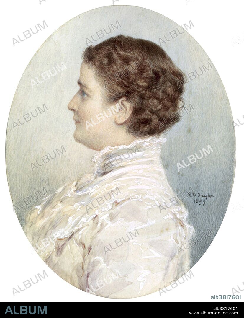 Ida Saxton McKinley (June 8, 1847 - May 26, 1907), wife of William McKinley, was First Lady of the United States from 1897 to 1901. Ida was refined, charming, and strikingly attractive. While single, she worked for a time as a cashier in her father's bank, a position then usually reserved for men. William McKinley, aged 27, married Ida Saxton, aged 23, on January 25, 1871. Possessed of a fragile, nervous temperament, Mrs. McKinley broke down under the loss of her mother and two young daughters within a short span of time. She developed epilepsy and became totally dependent on her husband. President McKinley took great care to accommodate her condition. In a break with tradition, he insisted that his wife be seated next to him at state dinners rather than at the other end of the table. Guests noted that whenever Mrs. McKinley was about to undergo a seizure, the President would gently place a napkin or handkerchief over her face to conceal her contorted features. When it passed, he would remove it and resume whatever he was doing as if nothing had happened. With the assassination of her husband by Leon Czolgosz in September 1901, Mrs. McKinley lost much of her will to live. Although she bore up well in days between the shooting and the president's death, she could not bring herself to attend his funeral. She survived her beloved husband by less than six years. She died in 1907 at the age of 59. Painting by Emily Drayton Taylor.