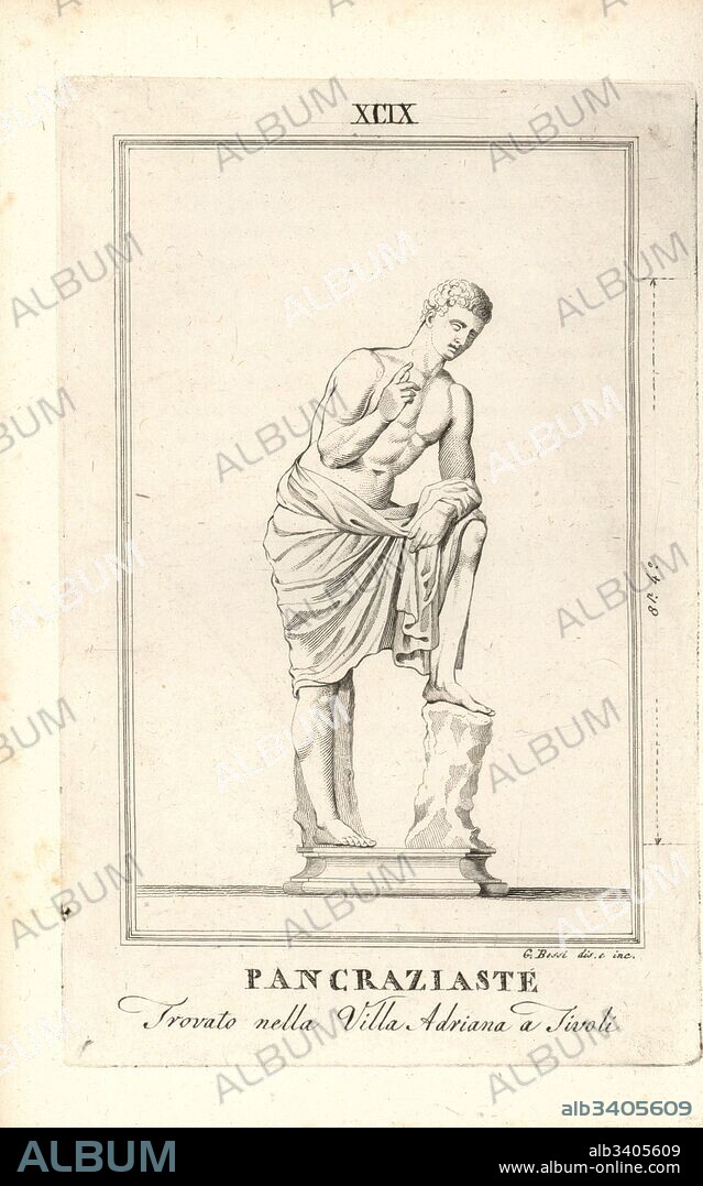 Statue of the Greek god Hermes as a Pankration fighter (Pancraziaste). From Hadrian's Villa at Tivoli. Copperplate drawn and engraved by G. Bossi from Pietro Paolo Montagnani-Mirabili's Il Museo Capitolino (The Capitoline Museum), Rome, 1820.