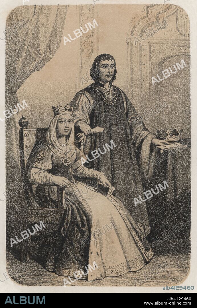 Historia de España. Isabel I de Castilla (1451-1504) y Fernando II de Aragón (1452-1516), los reyes Católicos. Grabado de 1860.