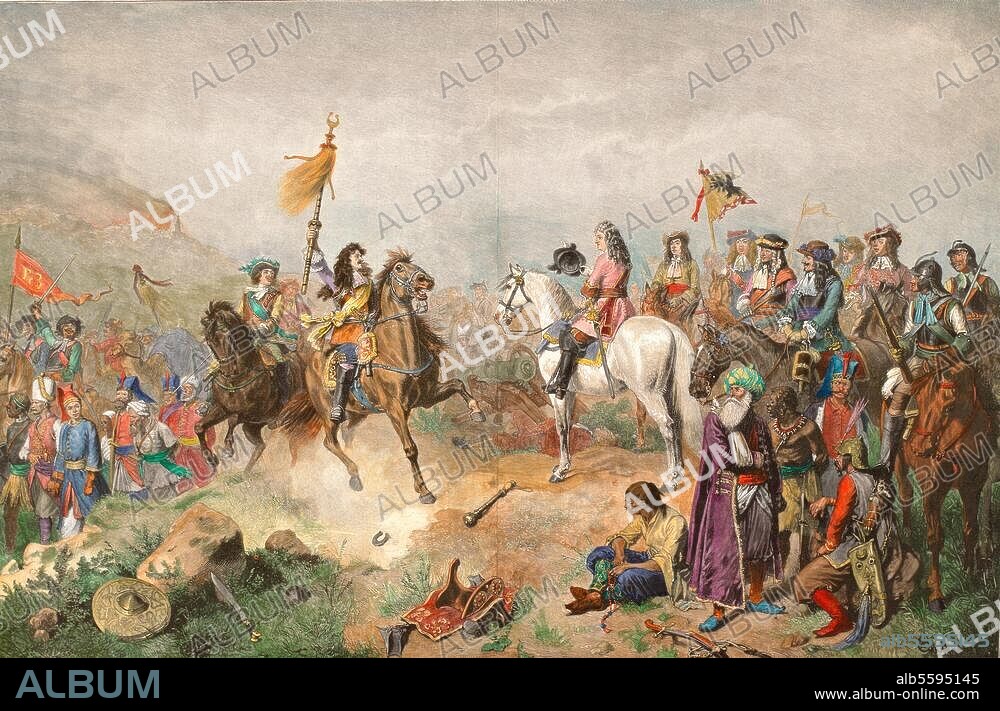 Großer Türkenkrieg 1683-99. Schlacht am Berg Harsany bei Mohacs am 12. August 1687 (Die Kaiserlichen unter Karl von Lothringen und Ludwig von Baden siegen über die Türken). "Episode aus der Schlacht am Berge Harsany". Holzstich, koloriert, nach Gemälde von Wilhelm Camphausen (1818-1885). Berlin, Sammlung Archiv für Kunst und Geschichte.