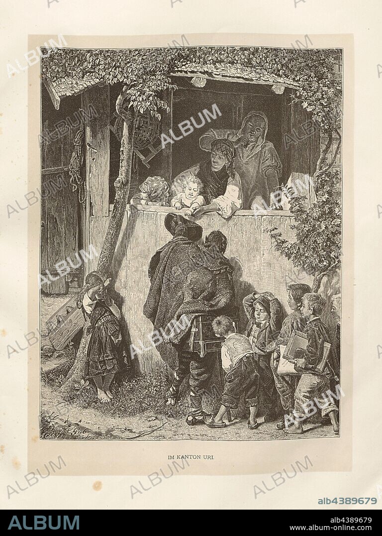 In the canton of Uri, Illustration of a family idyll in the canton of Uri from the 19th century, signed: Konrad Grob ... 1875; A. Closs X.J, Bothe, Fig. 1, according to p. 2, Grob, Konrad; Closs, Adolf; Bothe (sc.), Woldemar Kaden: Das Schweizerland: eine Sommerfahrt durch Gebirg und Thal. Stuttgart: Engelhorn, 1875.