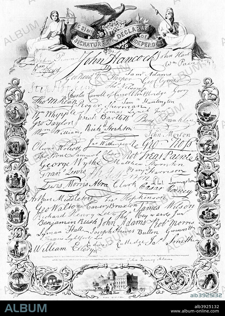 The signatures to the American Declaration of Independence, c1776, (c1920). John Adams, Samuel Adams, Josiah Bartlett, Carter Braxton, Charles Carroll, Samuel Chase, Abraham Clark, George Clymer, William Ellery, William Floyd, Benjamin Franklin, Elbridge Gerry, Button Gwinnett, Lyman Hall, John Hancock, Benjamin Harrison, John Hart, Joseph Hewes, Thomas Heyward, Jr, William Hooper, Stephen Hopkins, Francis Hopkinson, Samuel Huntington, Thomas Jefferson, Francis Lightfoot Lee, Richard Henry Lee, Francis Lewis, Philip Livingston, Thomas Lynch, Jr, Thomas McKean, Arthur Middleton, Lewis Morris, Robert Morris, John Morton, Thomas Nelson, Jr, William Paca, John Penn, Robert Treat Paine, George Read, Caesar Rodney, George Ross, Benjamin Rush, Edward Rutledge, Roger Sherman, James Smith, Richard Stockton, Thomas Stone, George Taylor, Matthew Thornton, George Walton, William Whipple, William Williams, James Wilson, John Witherspoon, Oliver Wolcott, George Wythe. Illustration from Story of the British Nation, Volume III, Walter Hutchinson, (London, c1920s).