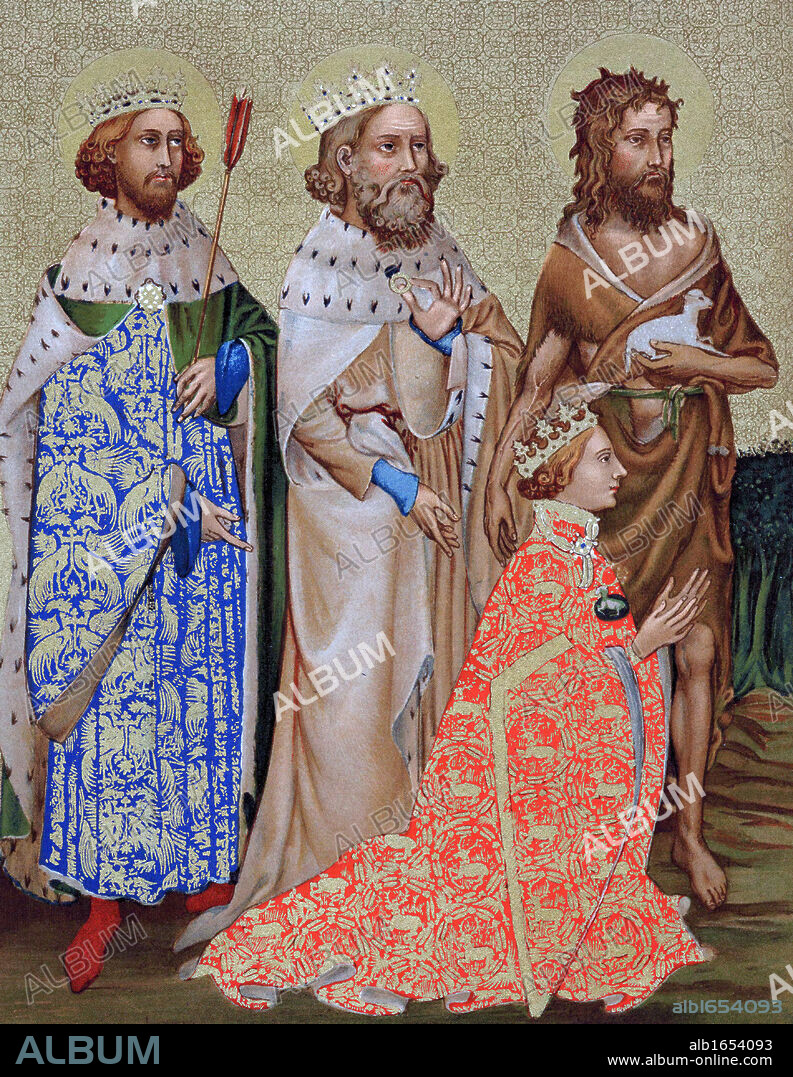 Richard II (1367-1400) King of England 1377-99, with his patron saints St Edmund (841-70) king of East Angles and of Suffolk martyred for refusing to give up Christian faith when captured by Danes, Edward the Confessor (1003-1066) king of England from 1043. Richard wears his badge, the white hart.