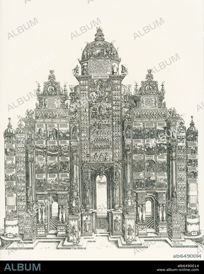 ALBRECHT DÜRER. Triumphal Arch ('Ehrenpforte') for Emperor Maximilian I. Dated 1515. 
Multi-block woodcut (192 blocks), overall size 3410 x 2920mm. 
 
The Triumphal Arch is one of the largest prints ever produced. It was commissioned by the Holy Roman Emperor Maximilian I (1459-1519). The programme was devised by the court historian and mathematician, Johann Stabius, who explains underneath that it was constructed after the model of 'the ancient triumphal arches of the Roman Emperors'.