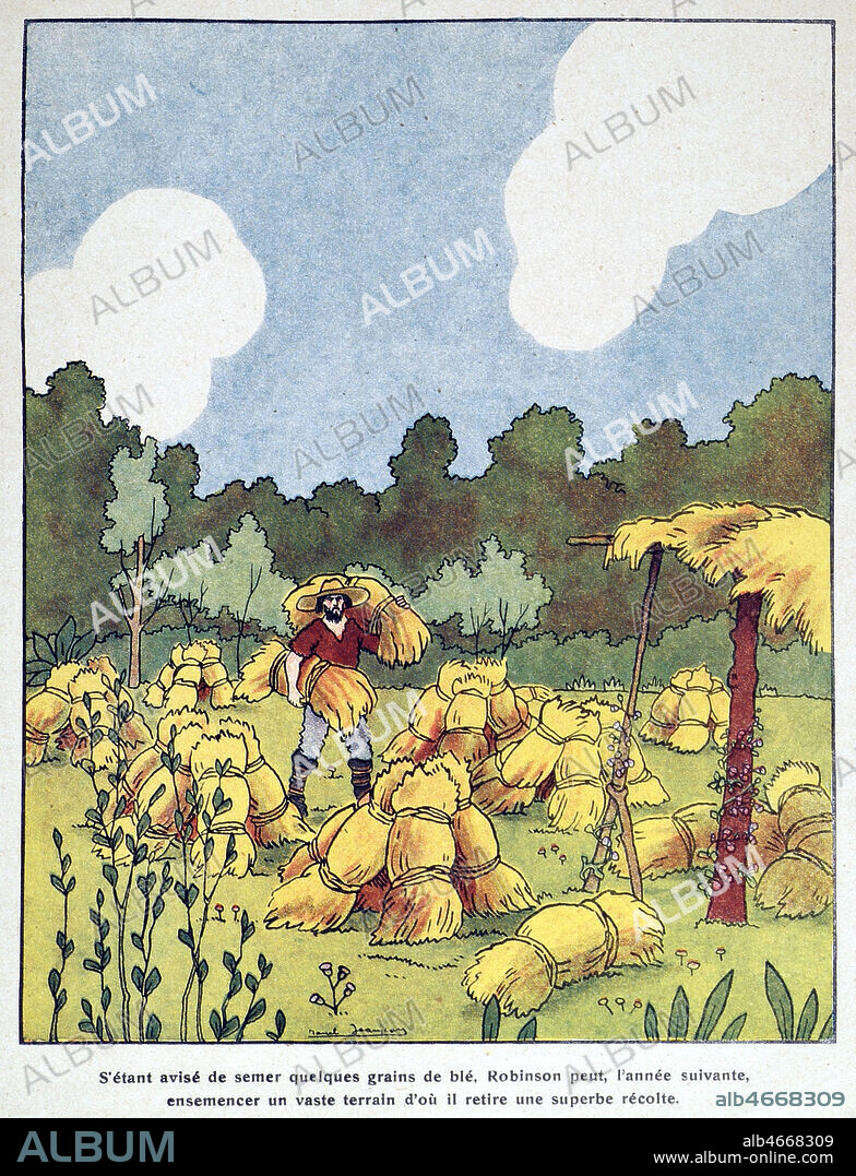 S'etant avise de quelques grains de ble,Robinson peut, l'annee suivante, ensemencer un vaste terrain d'ou il retire une superbe recolte. Illustration de Marcel JEANJEAN (1893-1973) pour Robinson Crusoe d'apres Daniel DEFOE (1660-1731) vers 1930. ADAGP. Credit : Coll. Jonas/KHARBINE-TAPABOR.