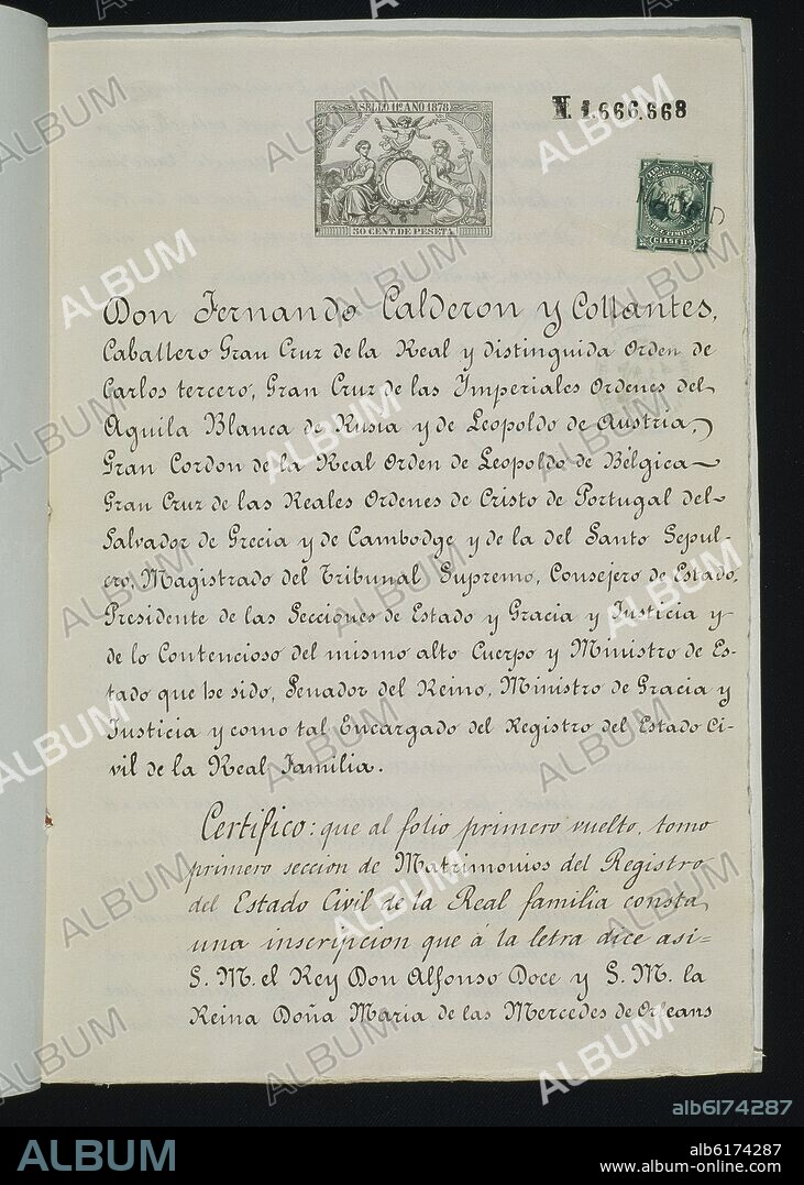 FERNANDO CALDERON COLLANTES CERTIFICA LA INSCRIPCION DE ALFONSO XII Y MARIA DE LAS MERCEDES EN EL REGISTRO CIVIL DE LA FAMILIA REAL - SIGLO XIX.