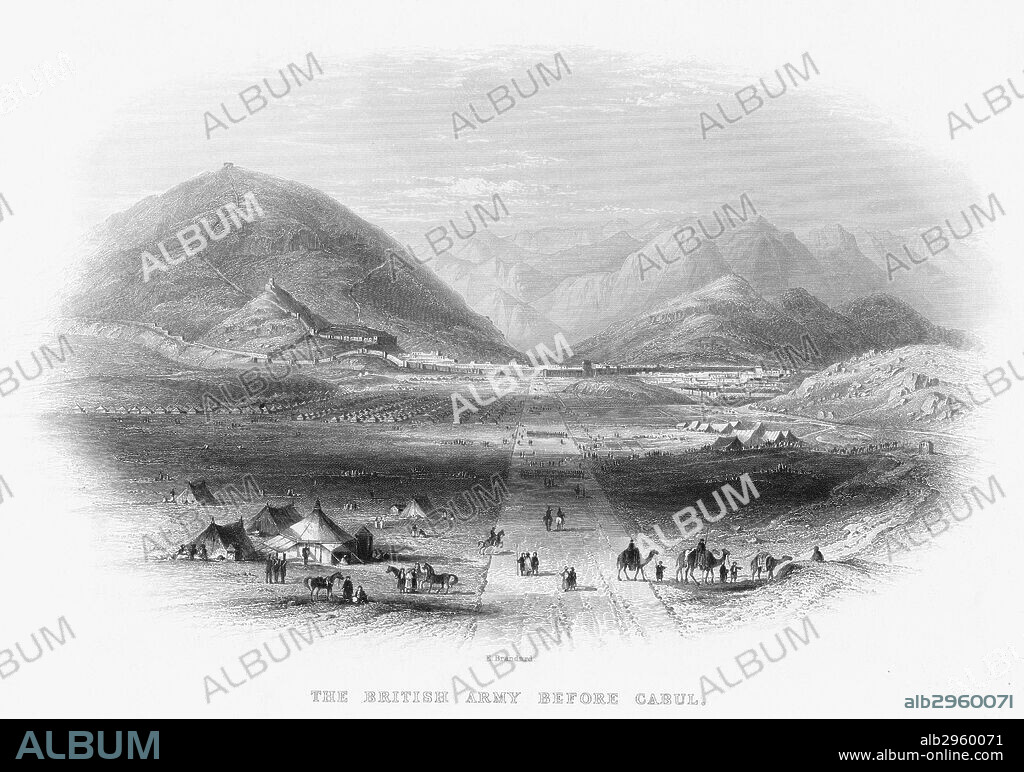 AFGHAN WAR (1839-1842). The British Army camp outside Kabul, Afghanistan. Contemporary English steel engraving.