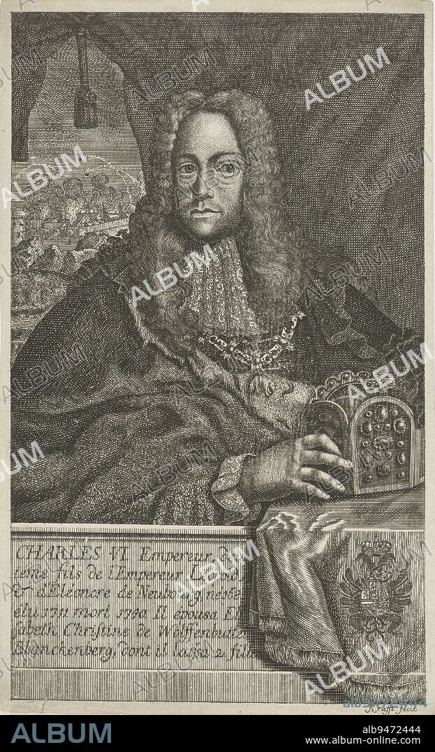 Portrait of Archduke Charles of Austria, who considered and appointed himself King Charles III of Spain during the War of the Spanish Succession From 1711 to 1740, he was emperor of the Holy Roman Empire He wears a chain with the sign of the Order of the Golden Fleece and holds a royal crown in his hands In the background, the siege of a city Below the image a six-line caption, Portrait of Charles VI, German Emperor, print maker: Jan Lauwryn Krafft (I), (mentioned on object), Southern Netherlands, 1704 - 1765, paper, etching, engraving, h 258 mm × w 158 mm.