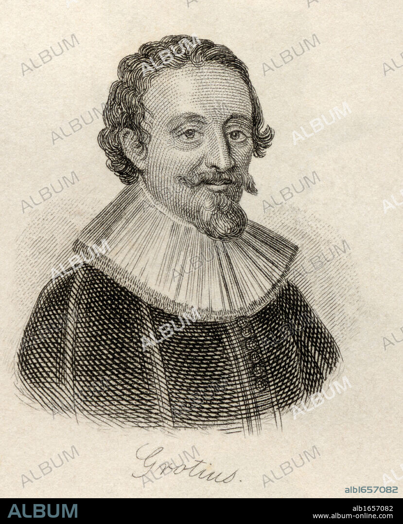 Hugo Grotius also known as Hugh or Hugeianus De Groot 1583 - 1645. Dutch jurist and scholar. From the book Crabb's Historical Dictionary published 1825.