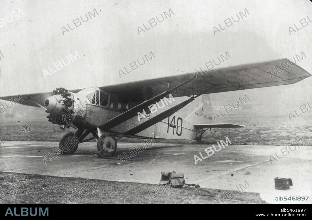 Plane Makes Low Cost Efficiency Test Run from New York of Capital -- The Wright Bellanca plane after its arrival at Washington from New York after a run of 250 miles, 23 Gallons of Gas for the distance, at a rate of $6.94 per passenger. This test flight will probably prove the low cost of passenger flights between cities. January 25, 1927. (Photo by International Newsreel Photo).