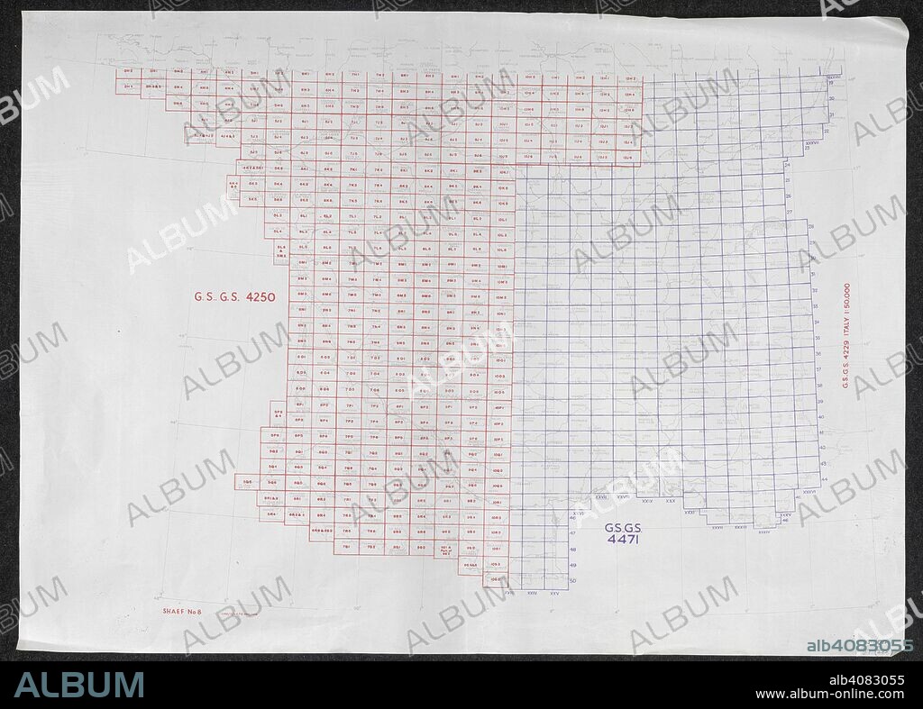 A graphic index on a map of the Second World War. France, Belgium & Holland : index to 1:50,000 series. [London] : [SHAEF Survey Directorate], [1944]. 1 map on 2 sheets ; sheets 57x84cm.; Scale 1:1 280 000. Source: Maps.14317.(253) 8.