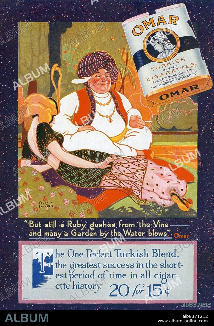 In the early 1900s, manufacturers of Turkish and Egyptian cigarettes tripled their sales and became legitimate competitors to leading brands. In 1911, The American Tobacco Company introduced Omar, a premium Turkish blend cigarette, in order to compete with other leading Turkish brands like Murad.<br/><br/>. The cigarette was named after the medieval Persian poet Omar Khayyam, who experienced a resurgence of popularity from 1900-1930. Advertisements for Omar cigarettes referenced Khayyam's famous poem, The Rubaiyat , and focused on themes of pleasure, leisure, and luxury.