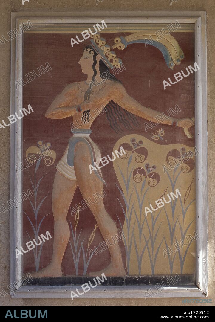 ARTE MINOICO. GRECIA Fresco del "PRINCIPE DE LOS LIRIOS". Reproducción del original del Museo de Heraklio. Representa un hombre joven, togado con una amplia tiara, un típico faldón corto y un collar de cuentas en forma de flor de lis. Relieve de estuco pintado. Alto: 1,20 m. Ala Occidental del Palacio de Cnosos. Fechado hacia el 1450-1400 a. C.). CRETA.