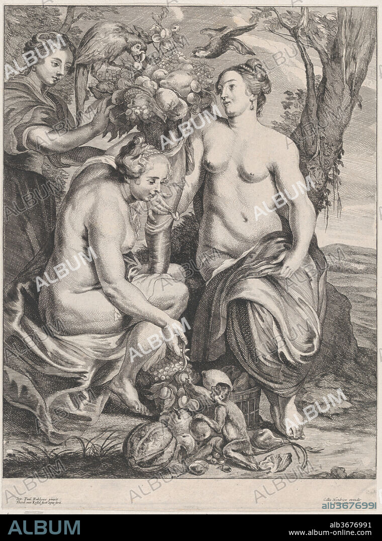 Allegory of abundance: Ceres holding a cornucopia at right and Pomona at left feeding fruit to a monkey. Artist: After Peter Paul Rubens (Flemish, Siegen 1577-1640 Antwerp); Theodor van Kessel (Dutch, 1620-1660). Dimensions: Sheet (Trimmed): 16 15/16 × 12 9/16 in. (43 × 31.9 cm). Publisher: Gillis Hendricx (Flemish, active 1640-1677). Date: ca. 1652-60.