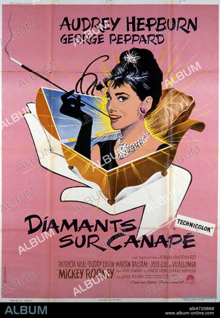 Audrey HEPBURN filmographie: Breakfast at Tiffany's ou Diamants sur canape, film de 1961, par Blake EDWARDS. Affiche de cinema. Credit Collection privee PERRON/ Kharbine Tapabor.