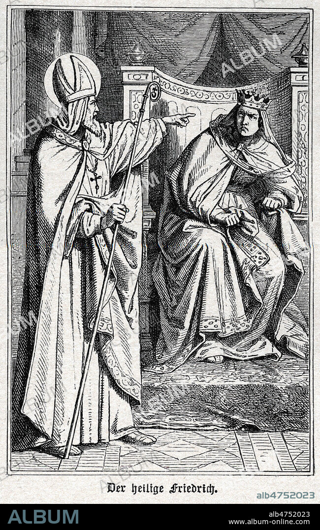 SAINT FREDERIC eveque et martyr a Utrecht (838), regne de Louis le Débonnaire fils de Charlemagne, il est assassine par l'imperatrice a laquelle il reproche ses debauches (Judith de Baviere (805-843) fille de Welf Ier, seigneur d'Altdorf et de Ravensburg en Bavière.En 819, elle épouse Louis Ier (dit le Pieux) à Aix-la-Chapelle et devient imperatrice d'Occident ) fete le 18 juillet - Gravure in ouvrage en allemand 'Das Leben der Heiligen Gottes, calendrier des Saints vers 1880. Credit Collection Jonas/KHARBINE TAPABOR.