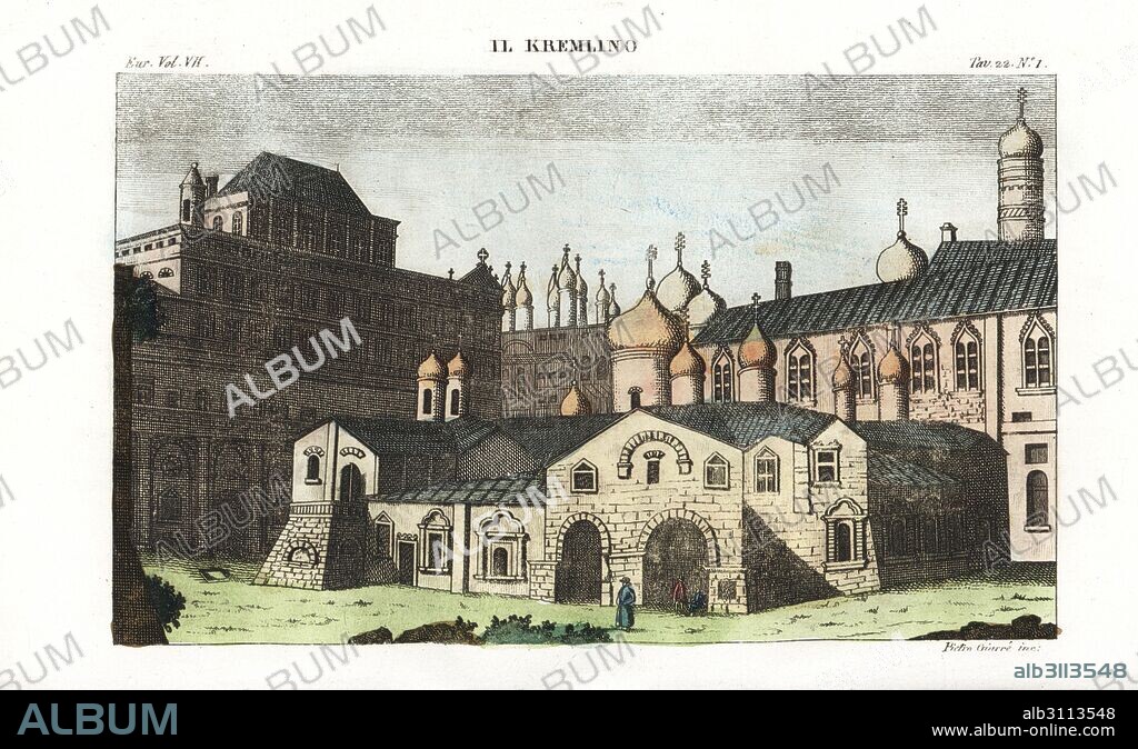View of the Kremlin, Moscow, 18th century. Showing the Grand Kremlin Palace, Annunciation Cathedral, Assumption Cathedral and the Ivan the Great Bell Tower. Handcoloured copperplate engraving by Pietro Giarre from Giulio Ferrario's Costumes Ancient and Modern of the Peoples of the World, Florence, 1847.