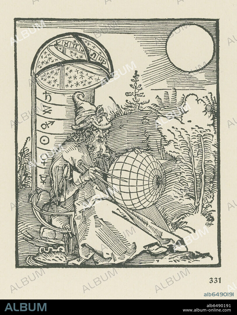 ALBRECHT DÜRER. Sitting Astronomer holding a Globe. Title woodcut to Messahalah (Messahalah, De sciencia motus orbis). Published by Johannes Stabius. Printed by Johann Weissenburger, Nuremberg, 3 April 1504. 
Woodcut, 125 x 102mm. (fol. A1r.).