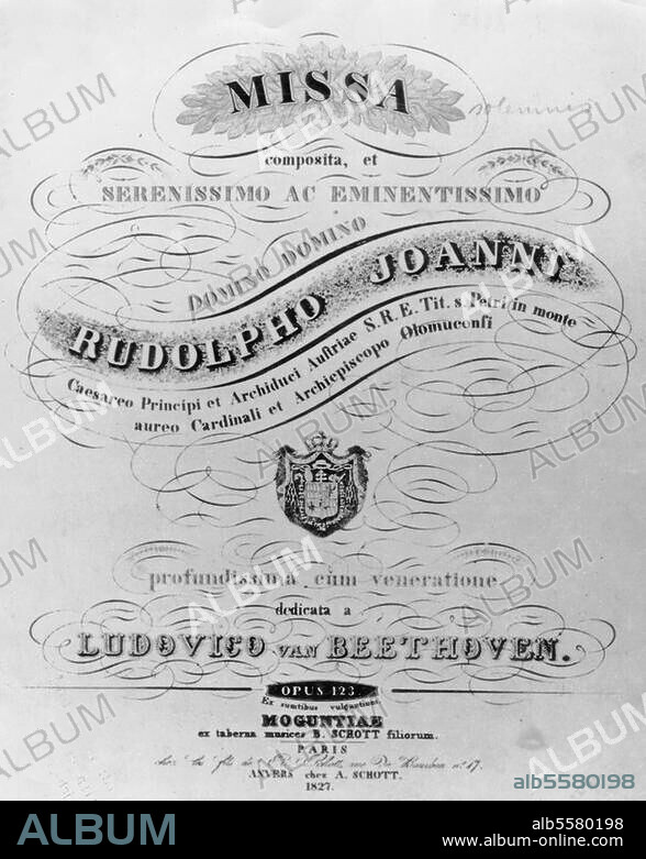 Beethoven, Ludwig van Composer, 1770-1827. Works: Missa Solemnis in D major for 4. solo voices, choir a. orchestra, op. 123 (1819-23). Cover of the original edition, Mainz (B.Schott u. Söhne) 1827. With dedication to Archduke Rudolf of Austria.