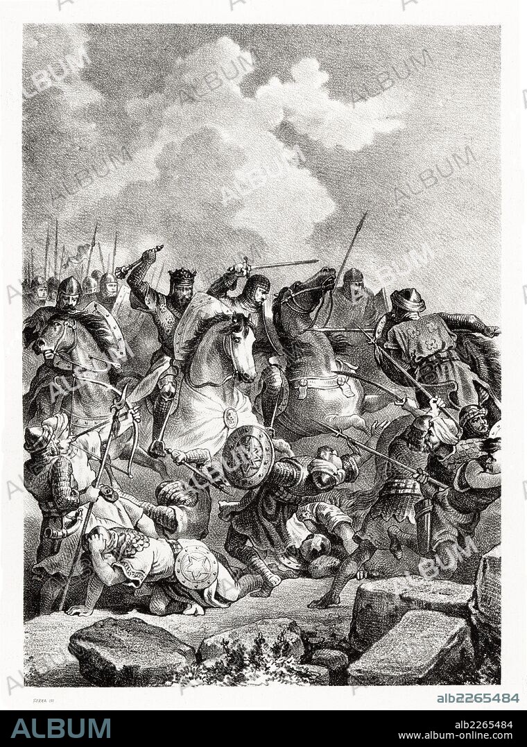 Historia de España. Batalla del Salado, una de las más importantes del último período de la Reconquista. Las fuerzas de Castilla y Portugal impidieron la invasión de los benimerines en 1340. Grabado de 1872.