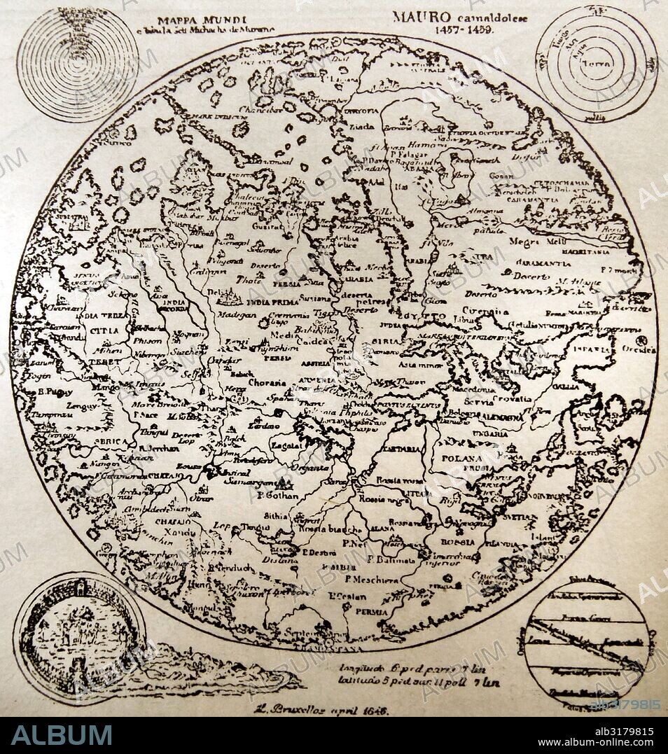 Fra Mauro map, a map of the world made around 1450 by the Italian cartographer Fra Mauro, an Italian cartographer who lived in the Republic of Venice. Dated 15th Century.