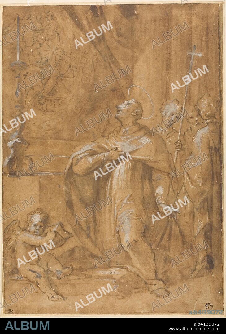 San Carlo Borromeo Adoring an Image of the Birth of the Virgin. Sigismondo Caula; Italian, 1637-1724. Date: 1684-1687. Dimensions: 422 x 300 mm. Brush and brown ink and wash, with black chalk, heightened with lead white (partly discolored), on brown laid paper, laid down on card. Origin: Italy.