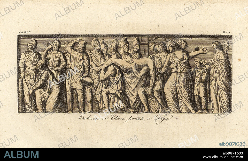 The corpse of Hector brought into Troy. The Trojan soldiers wear helmets that resemble Phrygian caps. Priam kneels at the left, and Hectors wife Andromache and son Astyanax mourn at right. From a bas-relief on a sarcophagus. Cadavere di Ettore portato a Troja. Handcoloured copperplate engraving by Andrea Bernieri from Giulio Ferrarios Costumes Ancient and Modern of the Peoples of the World, Il Costume Antico e Moderno, Florence, 1847.