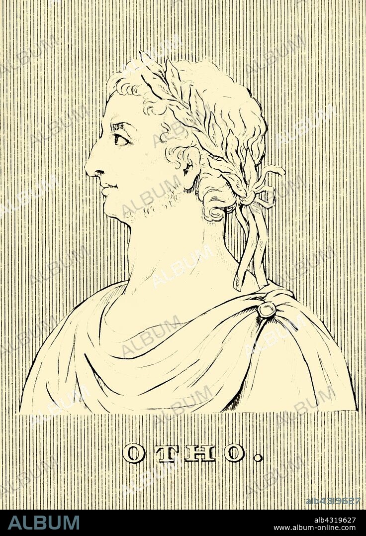 'Otho', (32-69AD), 1830. Otho (32-69AD) Roman emperor for three months, from 15 January to 16 April 69, a noble from the Etruscan family, friend and courtier of Nero, he allied with Galba who he murdered, and was second emperor of the Year of the Four Emperors until the Battle of Bedriacum after which he committed suicide and Vitellius took his place. From "Biographical Illustrations", by Alfred Howard. [Thomas Tegg, R. Griffin and Co., J. Cumming, London, Glasgow and Dublin, 1830].